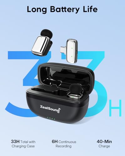 ZealSound Mini Wireless Lavalier Microphone for iPhone iPad Android, Dual Channel Wireless Microphones with Noise Cancellation, Mute & Volume Control, 33H Battery Case, USB-C & Lightning Plug & Play - color: Silver