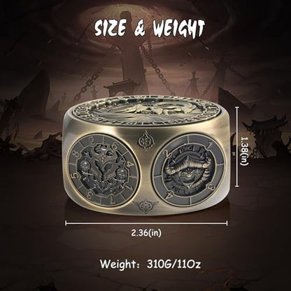 DNDND 8-in-1 Spinner Dice with Dual D20 - Hexagonal Metal D&D Monster Themed Dice Set for TTRPG Dungeons and Dragons, Dungeon Masters with Collectible Gift Tin (Brass) - color: Brass