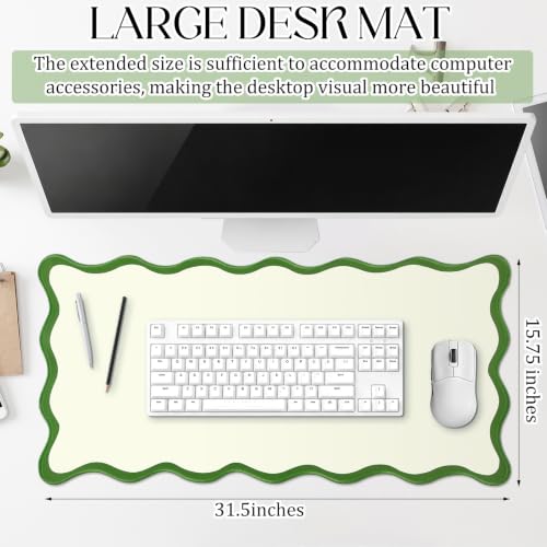 Hahafelt Scalloped Desk Mat Large Desk Pad Cute Coquette Table Mat Back to School Preppy Table Make up Pad Nonslip Graduation Gift with Stitching Waterproof Gaming(Green,23.6 x 13.8 Inches) - color: Green, size: 23.6L x 13.8W inches