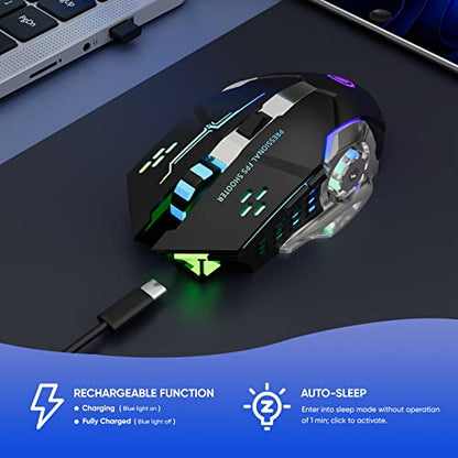 MELOGAGA Wireless Gaming Mouse Bluetooth/2.4G RGB Rechargeable -Black | Bluetooth/2.4G Dual Modes, Silent Clicks, 7-Color Backlit, 6 Buttons, Rechargeable Battery for PC, Mac, Laptop, Chromebook - color: Black