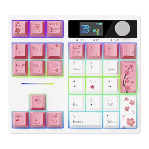 X BOYI TD31Pro Mechanical Numpad,Hot Swap Wireless BT5.0/2.4GHz/Type-C Wired Numeric Keypad with Screen&Knob,30Keys PBT Keycaps RGB Gaming Macro Number Pad for PC Laptop (Pink Cherry Blossom) - color: Pink Cherry Blossom
