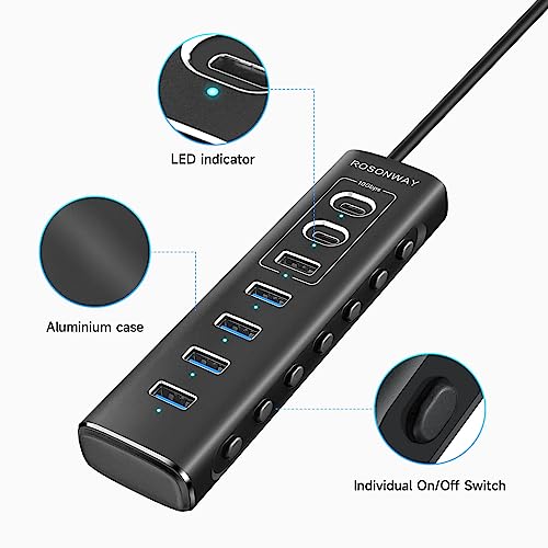 Powered USB Hub, Rosonway 7-Port USB 3.2/USB C Hub with 10Gbps USB-A 3.2, 2 USB-C 3.2, 4 USB 3.0 Ports, Individual Switches and 12V Power Adapter, Aluminum USB Port Expander for Laptop/PC, RSH-A107C - size: 7-Port Powered USB Hub