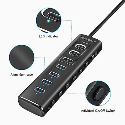 Powered USB Hub, Rosonway 7-Port USB 3.2/USB C Hub with 10Gbps USB-A 3.2, 2 USB-C 3.2, 4 USB 3.0 Ports, Individual Switches and 12V Power Adapter, Aluminum USB Port Expander for Laptop/PC, RSH-A107C - size: 7-Port Powered USB Hub