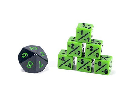 Premium MTG -1/-1 Counter Dice Set D6 with D10 Poison Spin Down - Venom Green - Hedral - Magic: The Gathering TCG CCG Wither Infect