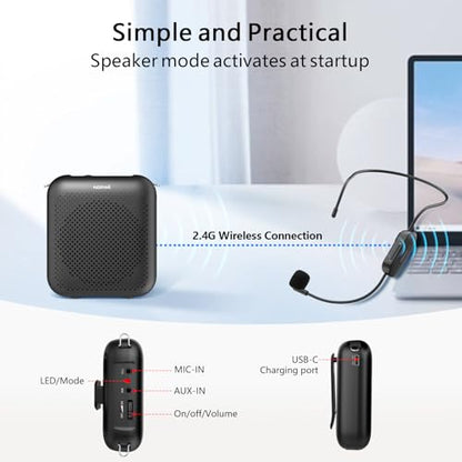 Voice Amplifier with Bluetooth, Portable Speaker with Microphone | Wireless Microphone Headset Speaker for Teacher, Mini Megaphone Sound Amplifier for Classroom, Tour Guides, Speaking - color: Black - 15W
