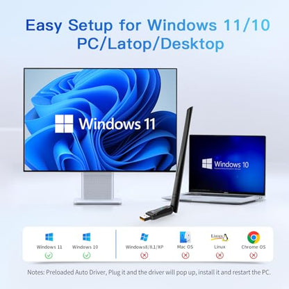 2-in-1 Wi-Fi 6 Bluetooth 5.4 USB Adapter for PC Laptop, 5dBi High Gain AX900 2.4G/5GHz Wireless WiFi Network Dongle Auto-Driver for Windows 11 10 Desktop, Plug n Pair Headset, Keyboard, Mice - size: Small Long Range Sized
