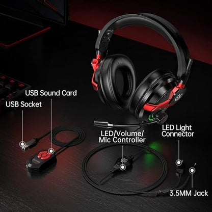 Tatybo PC Gaming Headset with Mic for PS5 PS4 Xbox, USB Headset with 7.1 Surround Sound, Wired 3.5mm Headphones, RGB