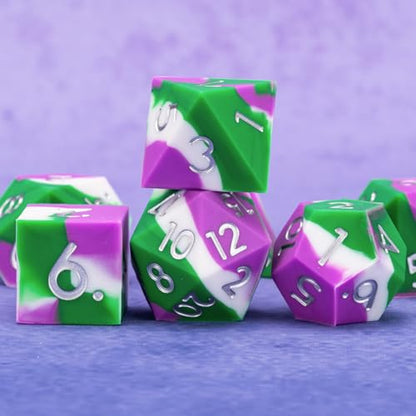 Silicone DND Dice, 7pcs Rubber Polyhedral D&D Dice Set, Sharp Edges Soft Perfect Bouncer for Dungeons and Dragons, RPG, MTG (D4, D6, D8, D10, D12, D20, D%) for Ages 15 and Up - color: Green White Purple