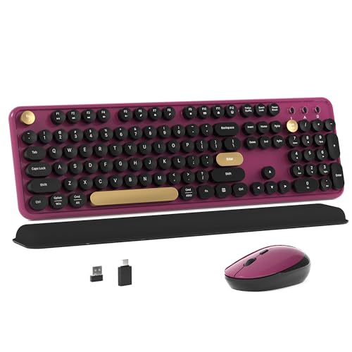Colorful MPTOG Wireless Computer Keyboard and Mouse Combo (Black-Claret) | Retro Round Typewriter Keycaps, Power Switch, Ergonomic Design, 2.4GHz Wireless for Windows, Mac, PC - color: Black-Claret