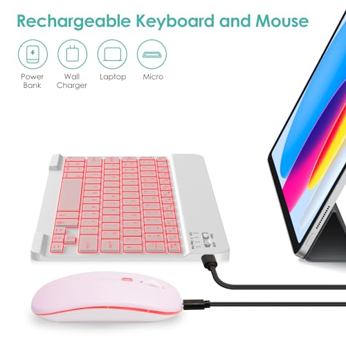 LAMA 7 Colors Backlit Bluetooth Keyboard and Mouse Combo for iPad Pro/Air/Mini, Ultra-Slim Rechargeable Wireless Keyboard and Mouse for iPhone 15/14/13 Pro/Samsung/PC/Laptop/iOS/Windows/Android,PK - color: Pink