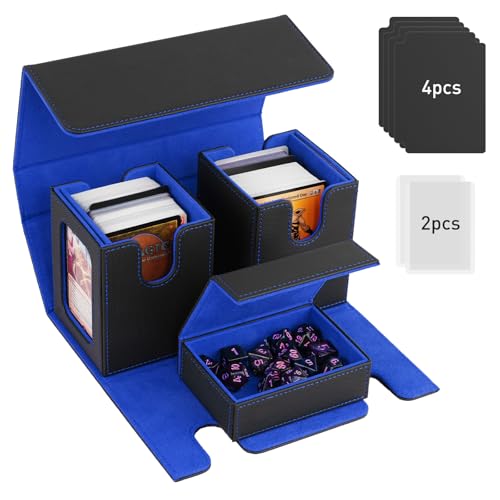 TiMOVO MTG Deck Box, Magnetic Trading Card Storage Case, Black+Blue | Holds 400+ Sleeveless Cards, 4 Dividers & Dice Tray, 2 Detachable Commander Card Deck Boxes, For Magic Game Cards - color: Black & Blue