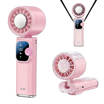 Portable Handheld Fan with Ice Cooling Personal Rechargeable Mini Neck Fan | 20000RPM,199-Speed 4000mAh Battery Powered up to 15hrs with LED Display for Travel, Camping & Outdoor, Pink - color: Pink
