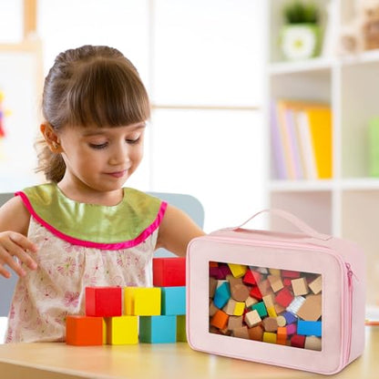 Abbylike 8 Pack Toys Storage Bags with Handle and Clear PVC Window, Classic Bricks Building Set Organization Bags, Car Toy Traveling Carrying Case for Puzzles Board Games Building Blocks(Pink) - color: Pink