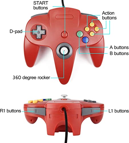 2 Pack Classic N64 Controller, miadore N64 Wired USB PC Game pad Joystick, N64 Bit USB Wired Game Stick Joy pad Controller for Windows PC MAC Linux Raspberry Pi 3 Sega Genesis (Gray/Red) - color: Gray/Red