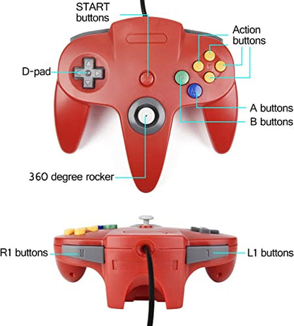 2 Pack Classic N64 Controller, miadore N64 Wired USB PC Game pad Joystick, N64 Bit USB Wired Game Stick Joy pad Controller for Windows PC MAC Linux Raspberry Pi 3 Sega Genesis (Gray/Red) - color: Gray/Red