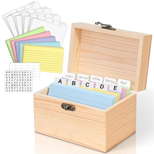 MOBYKE Index Card Holder 3x5, Wooden Origanizer Recipe Box with 100 PCS Flash Cards, 30 Plastic White Dividers, 1 Blank Sticker and 1 Letter Sticker, Flashcard Notecard Holders for Home Office - color: White, size: 3x5