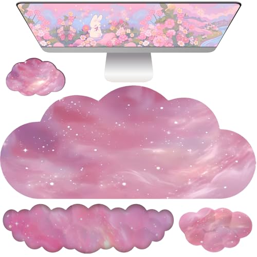 Cloud Mouse Pad Keyboard Wrist Rest for Mouse 4PCS Extended Large Galaxy Space Desk Mat Pad Set Memory Foam Non-Slip Cute Ergonomic Game Mouse Wrist Support for Computer Home Office Pink Starry Sky - color: L-pink Galaxy
