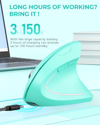 Lekvey Ergonomic Mouse, Vertical Wireless Mouse Rechargeable 2.4 GHz Optical Carpal Tunnel Mouse : 800/1200 / 1600 DPI, 6 Buttons, for Laptop, PC, Mac, Computer, Desktop, Notebook etc, Green - color: Green