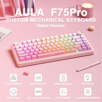AULA F75 Pro Wireless Mechanical Keyboard Silent Version,75% Hot Swappable Custom Keyboard with Knob,RGB Backlit,Pre-lubed Switches,Side Printed PBT Keycaps,2.4GHz/USB-C/BT5.0 PC Gaming Keyboards,Pink - color: F75Pro Pink-Silent Version
