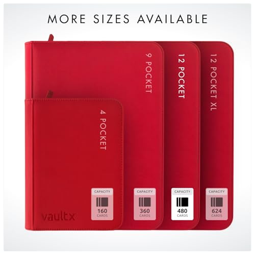 Vault X 12 Pocket Zip Trading Card Binder 480 Cards Exo-Tec (Red) | Holds 480 standard-size TCG cards in 20 side-loading 12-pocket pages. Padded, water-resistant Exo-Tec cover. - color: Red, size: 12 Pocket