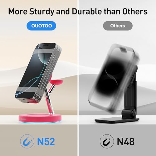 【Adjustable Blue Ambient Light】 Wireless Charger 3 in 1 for iPhone, Magnetic Charging Station for Apple Family,15W Fast MagSafe Charger Stand,for iPhone17-12-iWatch AirPods Series - color: Rose Red