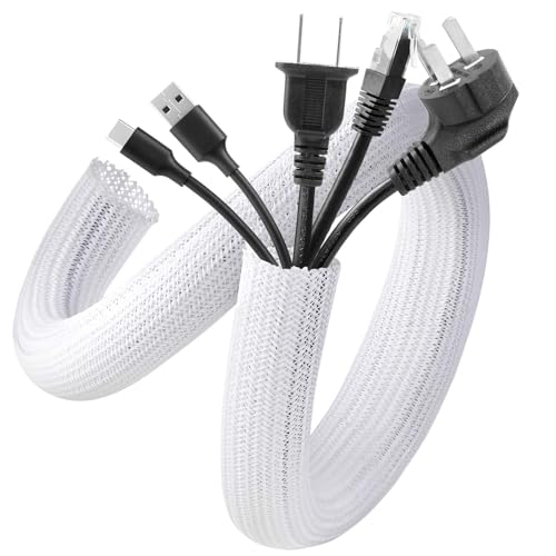 AGPTEK Cable Sleeve, 20ft - 1 inch Cable Management Desk Cord Cover Organizer Wire Hider for Home Office Computer TV Wire Loom Tubing Pet Proof Cord Protector from Cat Dog Chewing, White - color: White, size: 1"-20ft