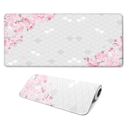 Gaming Mouse Pad with Anti-Slip Rubber Base, Extended Large Computer Mouse Mat with Stitched Edges, Long XL Anime Mousepad for Laptop and Keyboard, 31.5 x 11.8 inch (Grey Cherry Blossom) - color: Grey Cherry Blossom
