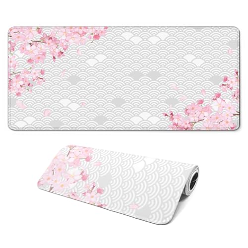 Gaming Mouse Pad with Anti-Slip Rubber Base, Extended Large Computer Mouse Mat with Stitched Edges, Long XL Anime Mousepad for Laptop and Keyboard, 31.5 x 11.8 inch (Grey Cherry Blossom) - color: Grey Cherry Blossom