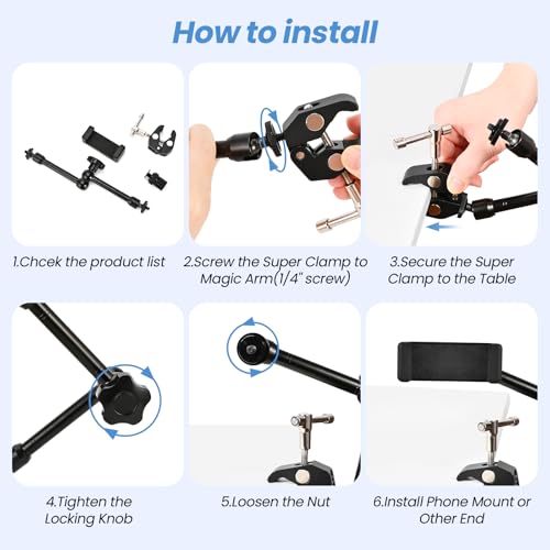 11‘’ Magic Arm with Crab Clamp, Super Clamp Kit 1/4“ & 3/8” Threads Screws, Heavy Duty Magic Arm for DSLR, Phone, Monitor, LED Light, Action Cam, 360° Ball Rotating Camera Mount