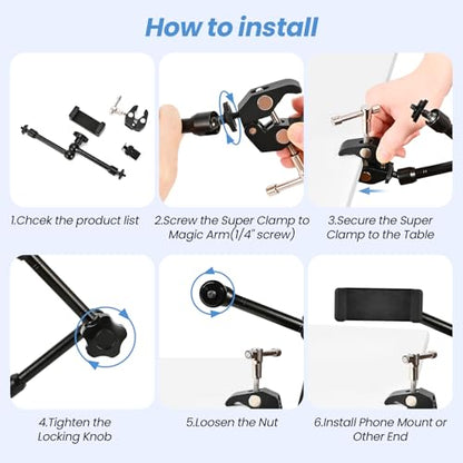 11‘’ Magic Arm with Crab Clamp, Super Clamp Kit 1/4“ & 3/8” Threads Screws, Heavy Duty Magic Arm for DSLR, Phone, Monitor, LED Light, Action Cam, 360° Ball Rotating Camera Mount