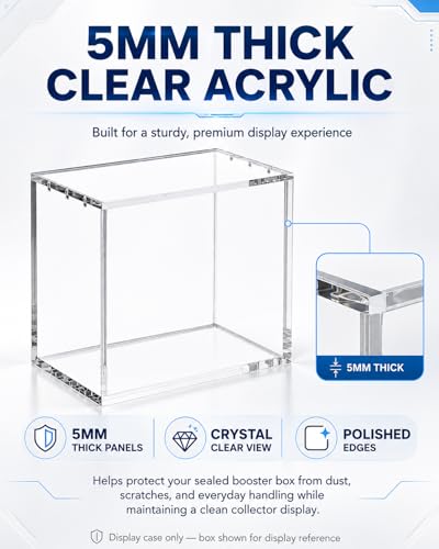 PKMN Booster Box Acrylic Display Case, 5mm Clear Magnetic Top Lid | 5mm Ultra-Clear Acrylic | UV-Resistant Display | Dust & UV Protection | No Assembly Required | Fits 5.4 x 3.1 x 4.9 in - size: (1-Pack)Booster Box Case