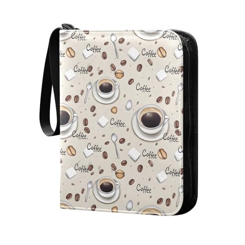 Trading Card Binder 4 Pocket Coffee Beans Coffee Cups Card Albums with 50 Removable Sleeves Fits 400 Game Cards Holder PU Zipper Collection Case