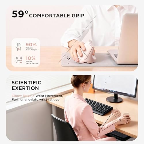 Uineer Vertical Ergonomic Mouse, Wireless Bluetooth Mouse, 3-Device,Quiet | Switch among 3 devices; side scroll wheel supports horizontal navigation for documents and spreadsheets. - color: Pink