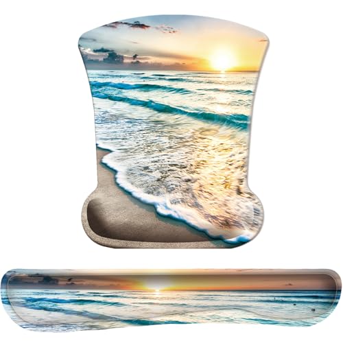 Keyboard Wrist Rest Pad Mouse Pad with Wrist Support Set of 3, Gaming Mousepad with Non-Slip Rubber Base, Ergonomic Memory Foam Mouse Cushion Support for Home Office Laptop Computer, Beach - color: O-beach