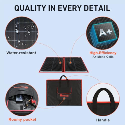 DOKIO 100W Portable Foldable Solar Panel Kit for 12V Battery Charging | Folds to 19 x 26 in and weighs 5.3 lb; includes controller and dual USB; for 12V batteries, power stations and camping.