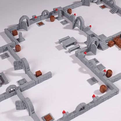 Modular Dungeon Stone Wall Terrain Set - 28mm Miniatures Scenery with Walls, Doors, Barrels, Crates Beds and So On for Tabletop Rpgs, Fantasy Wargames and Board Games (AMF01 A)