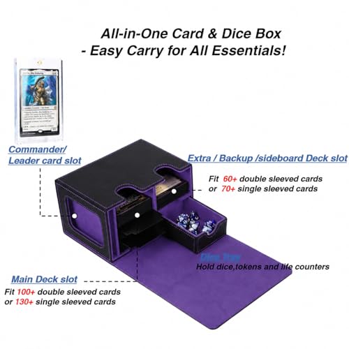 Venssu MTG Deck Box for Commander Display with Dice Tray (Black＆Purple) | Holds 200 Single/160 Double-Sleeved Cards, Fit MTG/PTCG/OPTCG Cards, Strong Magnet, With 2 Dividers & 1 Magnetic Card Holder - color: Black＆Purple