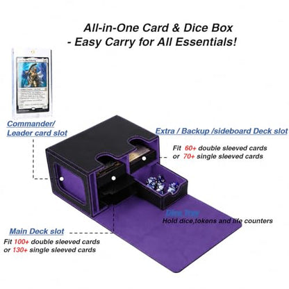 Venssu MTG Deck Box for Commander Display with Dice Tray (Black＆Purple) | Holds 200 Single/160 Double-Sleeved Cards, Fit MTG/PTCG/OPTCG Cards, Strong Magnet, With 2 Dividers & 1 Magnetic Card Holder - color: Black＆Purple