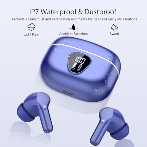 Wireless Earbuds, Bluetooth 5.4 Headphones HiFi Stereo, Bluetooth Earbuds with ENC Noise Cancelling Mic, IP7 Waterproof in Ear Earphones, 48H, LED Display Ear buds for Pad Workout Sports, Blue - color: Blue
