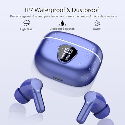 Wireless Earbuds, Bluetooth 5.4 Headphones HiFi Stereo, Bluetooth Earbuds with ENC Noise Cancelling Mic, IP7 Waterproof in Ear Earphones, 48H, LED Display Ear buds for Pad Workout Sports, Blue - color: Blue