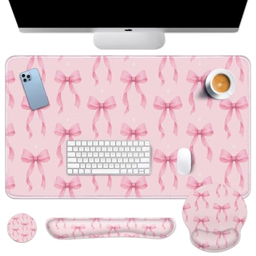 Arttown Keyboard Mouse Pad Set, 4 in 1 Desk Mat Set Kawaii Pink | Bow Ribbon Cute Large Mousepad+Keyboard Wrist Rest+Mouse Wrist Rest+Coaster Ergonomic Design for Home Office Computer - color: Pink Bow Ribbon