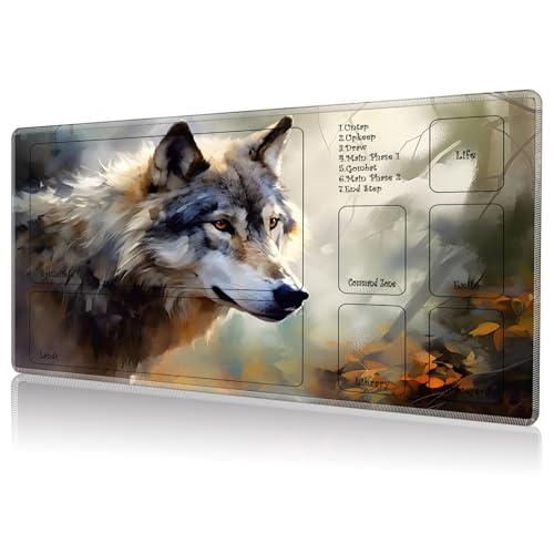 Playmat for MTG, Game Play Mat with Zones for MTG TCG Card Game Playing 24 x 14 inches Trading Card Game Playmats Non-Slip Rubber Base and Stitched Mousepad Desk Mats, Art Wolf - color: Art Wolf, size: Zones