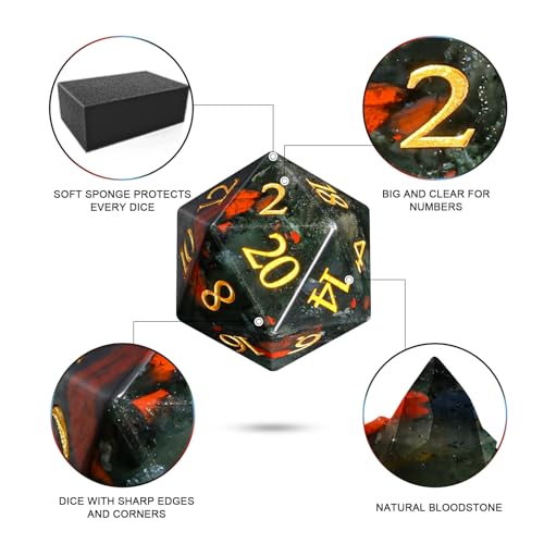 Natural African Bloodstone Dice Set, 7-Piece Hand-Carved Gemstone Polyhedral Dice for Dungeons & Dragons (D&D), Pathfinder, MTG, Tabletop RPG Gaming, Heavy Stone Dice with Gold Numbers (Bloodstone) - color: Bloodstone