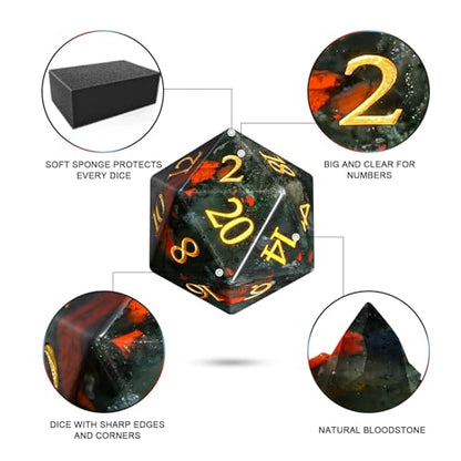 Natural African Bloodstone Dice Set, 7-Piece Hand-Carved Gemstone Polyhedral Dice for Dungeons & Dragons (D&D), Pathfinder, MTG, Tabletop RPG Gaming, Heavy Stone Dice with Gold Numbers (Bloodstone) - color: Bloodstone