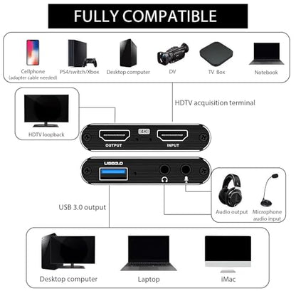 4K HDMI Video Capture Card for Streaming, 1080P 60FPS USB 3.0 Game Capture Device with Audio, Zero-Lag Capturadora De Video for Nintendo Switch PS5 Xbox PC OBS Live Recording