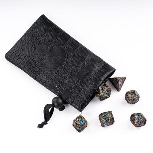 7-Die Metal DND Dice Set Role Playing Dice for RPG Table Games | Vine Design PU Leather Pouch for Dungeons and Dragons - color: Vine-bronze Color-changing