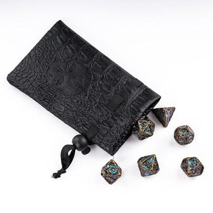 7-Die Metal DND Dice Set Role Playing Dice for RPG Table Games | Vine Design PU Leather Pouch for Dungeons and Dragons - color: Vine-bronze Color-changing