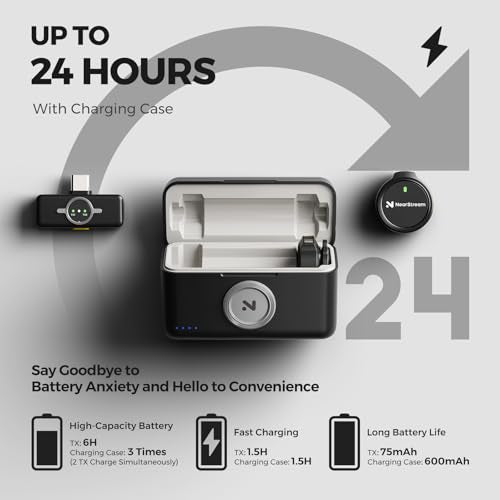 NearStream Wireless Lavalier Microphone for iPhone, Android and PC, AWM25T | Noise Cancellation, Up to 24-Hour Total Battery Life, Lightning and USB-C Plug-and-Play for Vlogging and Interviews