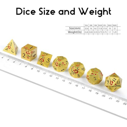 DNDND Flowers Metal Dice, 7 PCS Metallic DND Dice with Gorgeous Gift Case for D&D Dungeons and Dragon Tabletop Game (Red Flowers with Gold) - color: Flower Gold Red