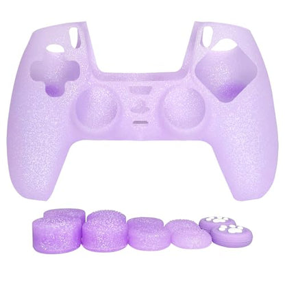 Purple Glitter Silicone Protective Case for PS5 Controller, Sparkly Bling Soft Cover Skins, Includes 8-in-1 Glitter Thumb Grip Caps + 2 Cat Paw Caps – Shockproof Dustproof Anti-Slip - color: Purple